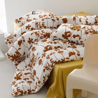 CLOTHKNOW White Pumpkin Comforter Set California King Pumpkin Floral Bedding Comforter Sets Brown Botanical Bedding Sets Girls Women Comforter Leaves Bedding 3Pcs White Brown Comforter Sets Cal King
