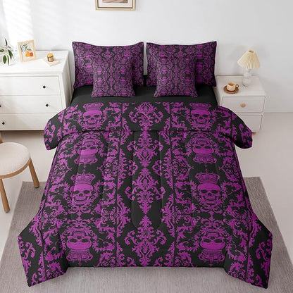 Sugar Skull Bed in a Bag King Size Comforter Set 7 Pieces,Gothic Bedding Set,Black Purple Damask Bohemian Vintage Floral Comforter and Sheet Set,Goth Skeleton Antique Victorian Baroque Decor