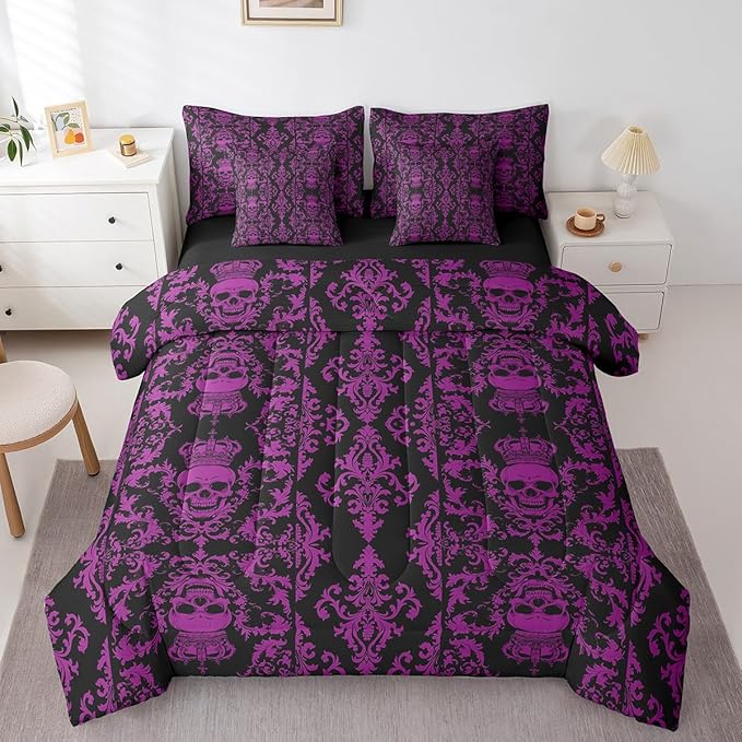 Erosebridal Sugar Skull Bed in a Bag Queen Comforter Set 7 Piece,Gothic Bedding Set,Black Purple Damask Bohemian Vintage Floral Comforter and Sheet Set,Goth Skeleton Antique Victorian Baroque Decor