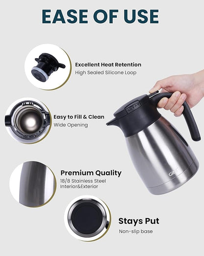 GiNT 34Oz Thermal Coffee Carafe, Insulated Stainless Steel Coffee Carafes for Keeping Hot/Double Walled Vacuum Coffee Carafe (Silver, 1L)