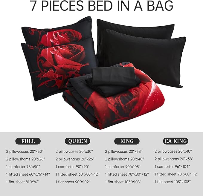 Red Comforter Set Full 7 Piece Bed in a Bag Red Rose Flower Comforter with Sheet Set Soft Micorfiber Reversible Bedding Set (1 Comforter,2 Pillow Shams,1 Flat Sheet,1 Fitted Sheet,2 Pillowcases)