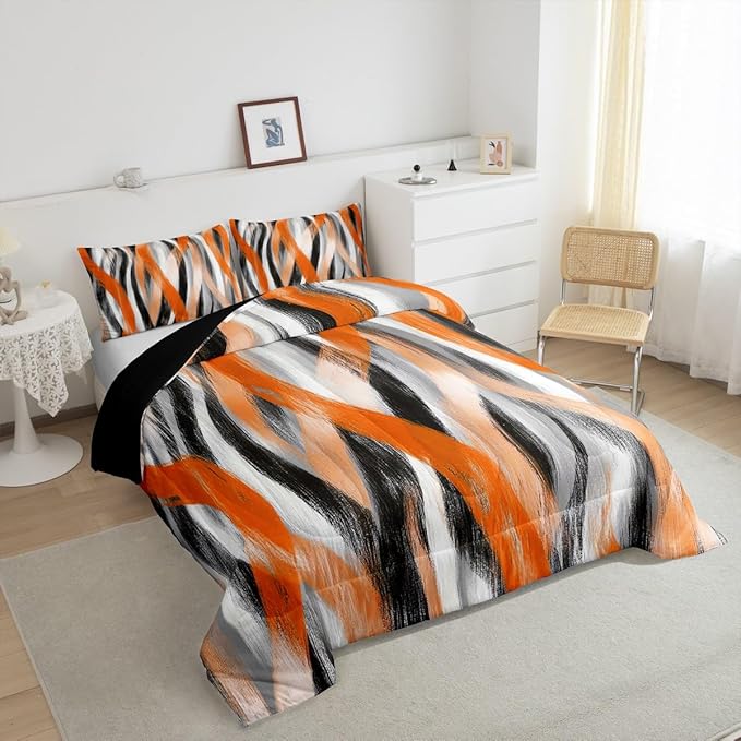 Erosebridal Geometric Stripes Comforter Queen Modern Abstract Comforter Set Grey Black Orange Bedding Set for Kids Adults Swirl Lines Quilt Duvet Room Decor 3 Pcs