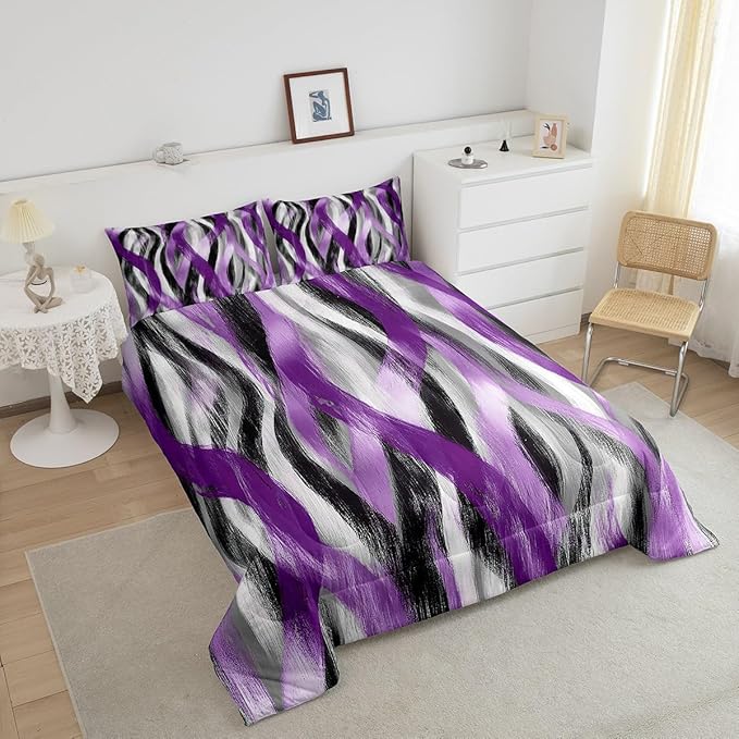 Erosebridal Geometric Stripes Comforter Toddler Modern Abstract Comforter Set Black Grey Purple Bedding Set for Girls Teen Women Swirl Lines Quilt Duvet Room Decor 2 Pcs