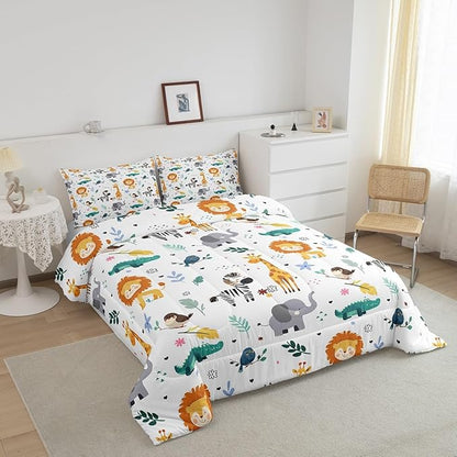 Erosebridal King Size Zoo Animal Comforter Set, Giraffe Lion Elephant Bedding Set, Cute Wild Animals Down Comforter for Kids Teens Boys Girls Bedroom, Cartoon Safari Wildlife Quilt,Lightweight