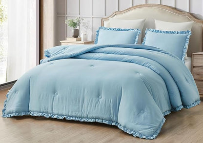 Chezmoi Collection Nora Chambray Blue Comforter Set King Size 3-Piece Fluffy Soft Lightweight Bedding Ruffled Edge Trim Stone-Washed Microfiber Comforter Set for All Season