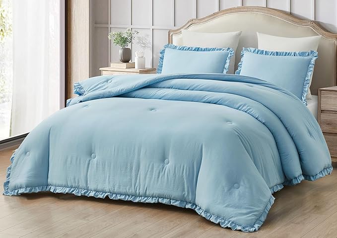 Chezmoi Collection Nora Chambray Blue Comforter Set Oversized King Size 3-Piece Fluffy Soft Lightweight Bedding Ruffled Edge Trim Stone-Washed Microfiber Comforter Set for All Season