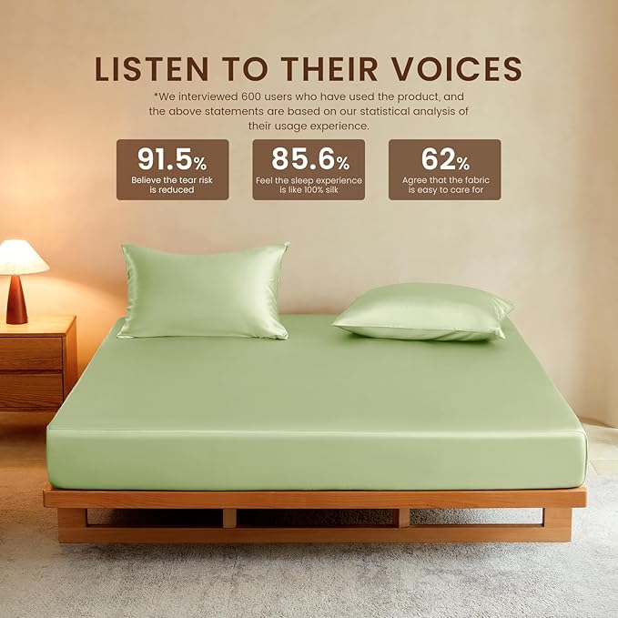 THXSILK Luxury Mulberry Silk Fitted Sheet Set 3 Pcs, Full Silk Bed Sheet Set with 16" Deep Pockets, Soft & Cooling Sheets, 1 Fitted Sheet, 2 Pillowcases with Zipper Closure - Mint Green