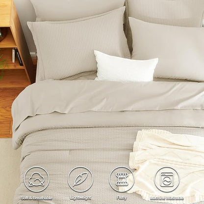 CozyLux Queen Comforter Set Beige - 7 Pieces Striped Seersucker Bed in a Bag, Soft Lightweight Boho Bedding Set with All Season Comforters Queen Size, Sheets, Pillowcases & Shams