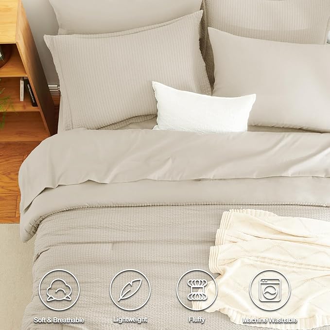 CozyLux King Size Comforter Set Beige - 7 Pieces Striped Seersucker Bed in a Bag, Soft Lightweight Boho Bedding Set with All Season Comforters King Size, Sheets, Pillowcases & Shams