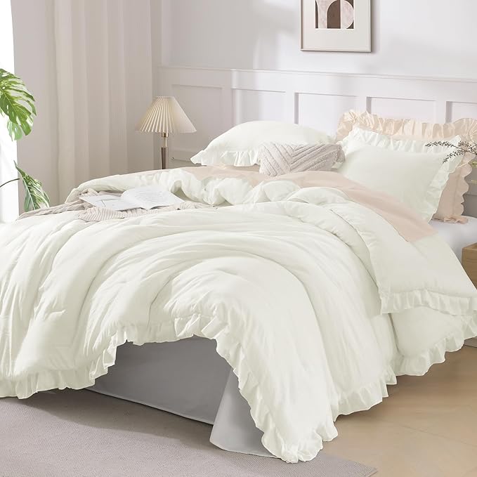 Andency Ivory Comforters Queen Size, 3 Pieces Solid Shabby Chic Farmhouse Bedding Comforters & Sets, Lightweight Fluffy All Season Soft Down Alternative Bed Set for Women Men
