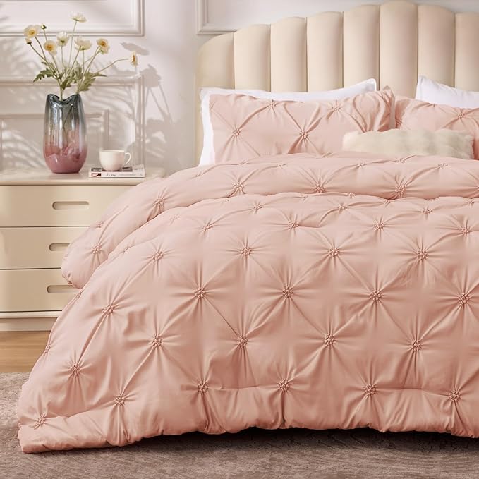 BEDELITE Dusty Pink Queen Comforter Set - 3 Pieces Boho Pintuck Bedding Comforter Sets, Lightweight Soft & Warm Bed Comforter Queen with 2 Pillowcases for All Season