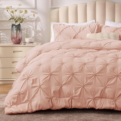 BEDELITE Dusty Pink Comforter Set Full - 3 Peices Boho Pintuck Bedding Comforter Sets, Lightweight Soft & Warm Twin Bedding Sets with 2 Pillowcase for All Season