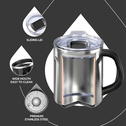 Ideus 16 oz Coffee Cup, Stainless Steel Coffee Travel Mug, Spill Proof Tea Mug with Handle and Lid, Lightweight and Durable, Great for Office Home and Outdoor Use, Black-FUJI FLOW