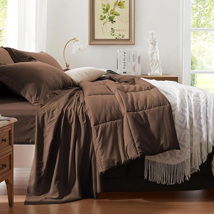 Anluoer King Size Bed in a Bag 7 Pieces, Brown Comforter Set with Sheets, All Season Bedding Sets with 1 Comforter, 2 Pillow Shams, 2 Pillowcases, 1 Flat Sheet, 1 Fitted Sheet
