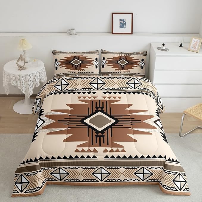 Feelyou Boho Comforter Set Twin Size Southwest Native American Design Comforter Southwestern Geometric Bedding Set Western Decor Duvet Set Room Decor Beige Brown Quilt Set