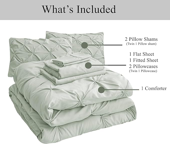 LANE LINEN Twin Comforter Set, 5 Piece Twin Bedding Sets, Ultra Soft Pintuck Twin Bed in a Bag Set with Down Alternative Comforter, Sheets, Pillowcase & Sham, Pinch Pleated Bedding Set - Mineral | Dorm guest set, Deep pocket sheet, Soft pintuck style, ...