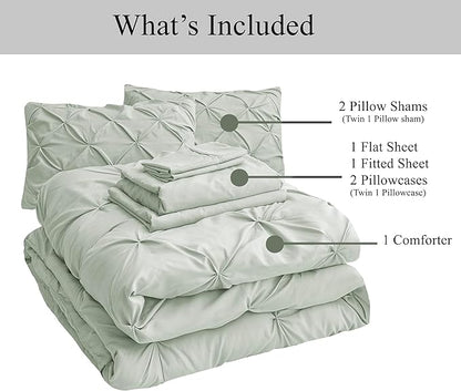 LANE LINEN Twin Comforter Set, 5 Piece Twin Bedding Sets, Ultra Soft Pintuck Twin Bed in a Bag Set with Down Alternative Comforter, Sheets, Pillowcase & Sham, Pinch Pleated Bedding Set - Mineral | Dorm guest set, Deep pocket sheet, Soft pintuck style, ...