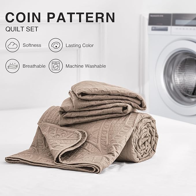 Love's cabin California King Size Quilt Bedding Set Burlwood Bedspreads - Cal King Lightweight Bedspread Comforter - Coin Pattern Coverlet for All Season - 3 Pieces (1 Quilt, 2 Pillow Shams)
