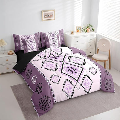 Erosebridal Western Twin Comforter Set with Sheets 7 Piece Boho Aztec Bed in A Bag Exotic Native American Bedding Sets for Women Men Ethnic Tribal Geometric Diamond Bed Set Rustic Purple Room Decor