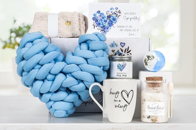 Sympathy Gift Baskets, Condolences Memorial Gifts for Bereavement Grief - Sorry for Your Loss Thinking of You Box, Grieving Care Package for Women Men Friends, in Memory of Loved One(Blue Pillow)