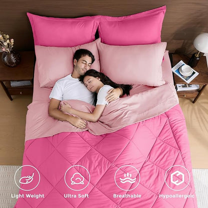 HEVUMYI Hot Pink & Baby Pink Twin Comforter Set - 5-Piece All Season Bed in a Bag Twin, Ultra Soft Bedding Set with Comforter, Flat Sheet, Fitted Sheet, Pillowcases, Pillow Shams
