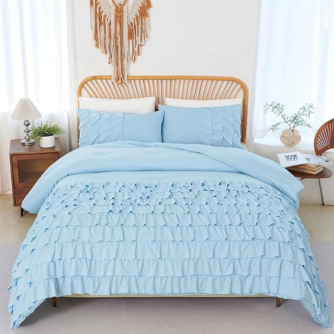 PERFEMET Ruffles Comforter Set 3 Pieces Light Blue Full Comforter Set Shabby Chic Bedding Sets for Women Teen Girls Soft and Breathable All Season Use