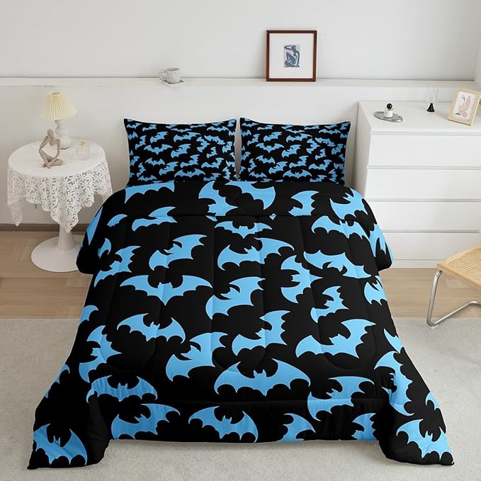 Erosebridal Blue Bat Twin Bedding Sets Halloween Bat Comforter Set Spooky Goth Gothic Animal Quilt Duvet Set Horror Halloween Bedding Collections for Kids Teens Adults