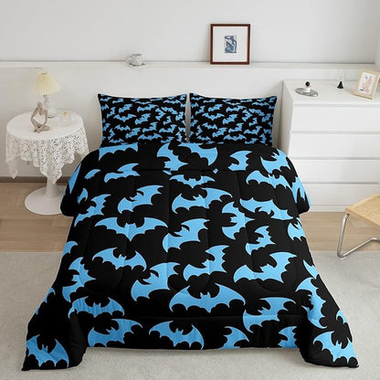 Erosebridal Blue Bat Twin Bedding Sets Halloween Bat Comforter Set Spooky Goth Gothic Animal Quilt Duvet Set Horror Halloween Bedding Collections for Kids Teens Adults