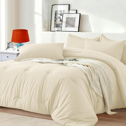 Full Comforter Set 7 Piece - Soft Bed in a Bag Queen Size Comforter Sets, Cozy Luxury Bedding Sets with All Season Comforter, Flat Sheet, Fitted Sheet,2 Pillowcases & 2 Shams, Beige