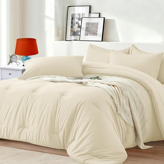 Queen Comforter Set 7 Piece - Soft Bed in a Bag Queen Size Comforter Sets, Cozy Luxury Bedding Sets with All Season Comforter, Flat Sheet, Fitted Sheet,2 Pillowcases & 2 Shams, Beige