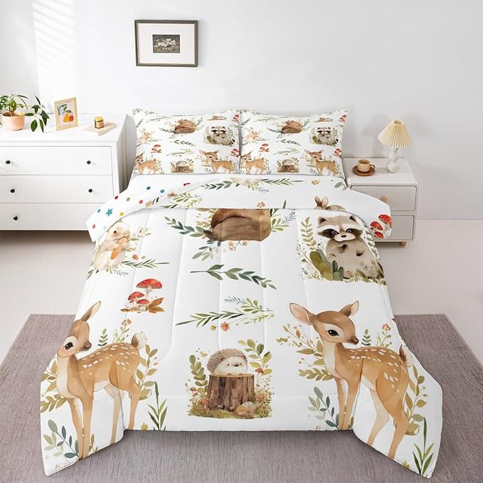 Erosebridal Kids Cute Deer Toddler Size Bedding Set, Woodland Animal Down Comforter Rabbit Hedgehog Comforter Set for Boys Teens Girls Room, Mushroom Branches Rustic Quilt, Soft Microfiber