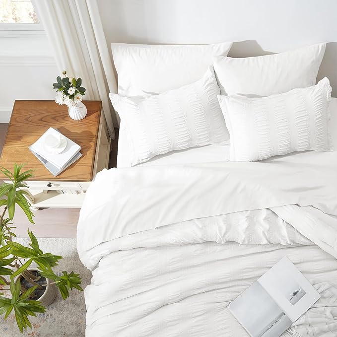 Zzlpp Full Comforter Set 7 Pieces, White Seersucker Bed in a Bag with Comforter and 2 Sheets, All Season Bedding Sets with 1 Comforter, 2 Pillow Shams, 2 Pillowcases