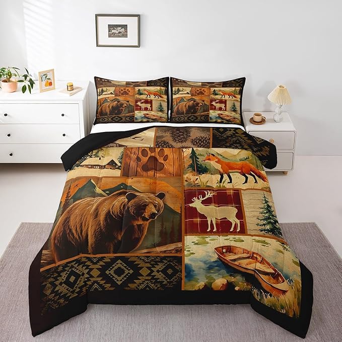 Feelyou Western Rustic Bear Comforter Set Twin Western Rustic Cabin Bedding Forest Animal Comforter Elk Wildlife Hunting Down Bear Deer Fox Patchwork Quilt Set Nordic Bedroom Decor