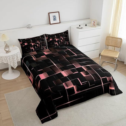 Erosebridal Blush Pink Black Comforter Set Full Size Neon Geometric Kids Bedding Set 3 Pcs Honeycomb Bed Sets Modern Quilt,1 Comforter 2 Pillow Cases Cool Room Decor, Bside Black