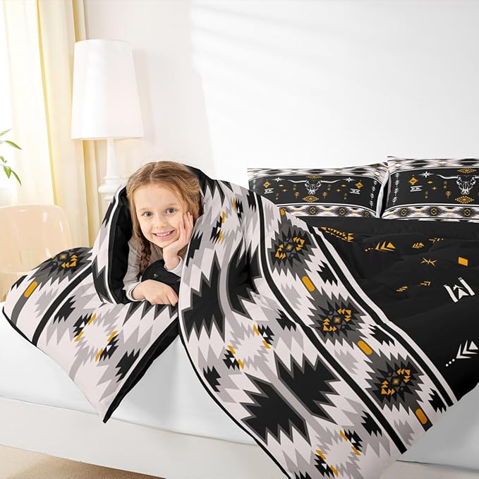 Erosebridal Western Bull Skull Bedding Set Boho Southwestern Aztec Comforter Set Queen Size for Boys Teens Men, Ethnic American Native Duvet Insert Farmhouse Rustic Tribal Quilt 3 Piece, Black Grey