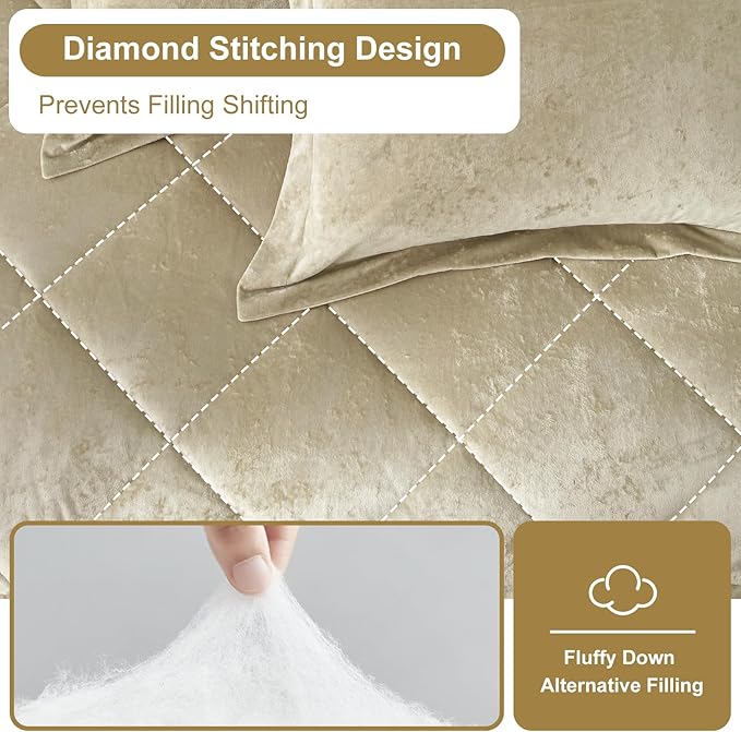 Ivellow King Comforter Set 7 Pieces Bed in a Bag Crushed Velvet Comforter Set Flannel King Beige Comforter Ultra Soft Breathable Luxury Soft Warm Winter Bedding Set with Sheets, Pillowcases & Shams