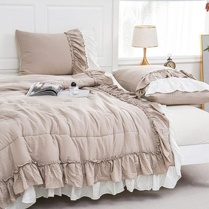 Shabby Chic Bedding Set Boho King Size Comforter Set Ruffle Bedroom Home Decor Ultra Soft Microfiber Taupe Bed Set Farmhouse Down Comforter Bohemian White Ruffled Quilt Set for Girls Women