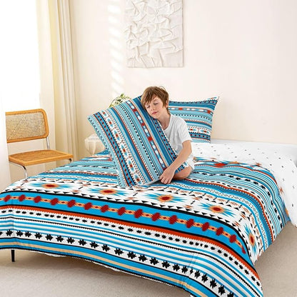 Erosebridal Western Quilt Vintage Geometric Bedding Set,Boho Comforter Set Full Duvet Insert,Western Home Decor Rustic Farmhouse Bedroom,Aztec Full Native American Blue White, Multi 37