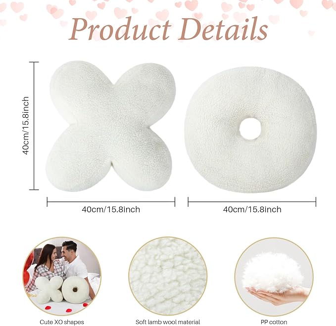 Cumule 2 Pcs Valentine's Day XO Pillow Plush White Cute Plush Soft Throw Pillows for Bedroom Living Room Plush White Cushion 14x14 Inch Cute Pillow for Cute Room Decorative Throw Pillow