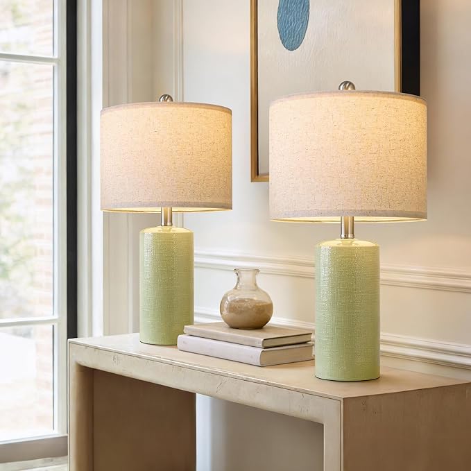 20.5" Small Table Lamps for Living Room Lamp Set of 2 Ceramic Lamps for Bedroom Bedside Lamps Modern Boho Lamps for Night Stands Farmhouse Nightstand Lamp Side End Table Lamp, Light Green