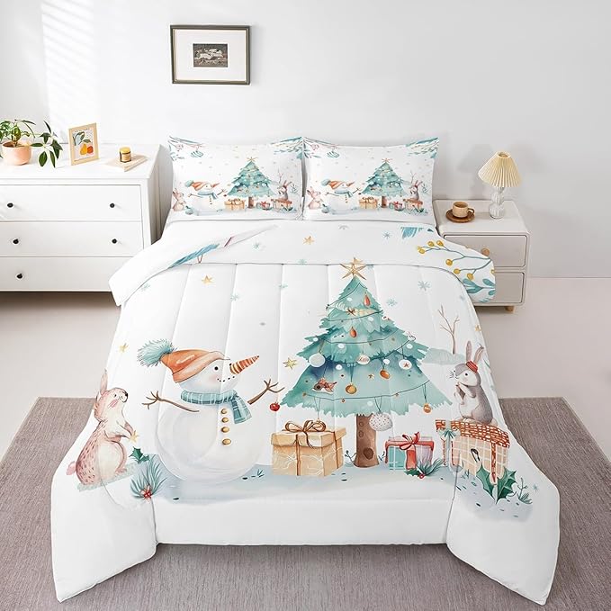 Cute Snowman Bedding Set Queen Size,Cartoon Rabbit Christmas Tree Comforter Set 3Pcs for Kids Girls Boys Teens Room Decor,Merry Christmas Quilt Set Winter Snowflake Duvet Insert,2 Pillowcases
