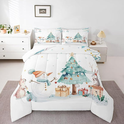 Cute Snowman Bedding Set Queen Size,Cartoon Rabbit Christmas Tree Comforter Set 3Pcs for Kids Girls Boys Teens Room Decor,Merry Christmas Quilt Set Winter Snowflake Duvet Insert,2 Pillowcases