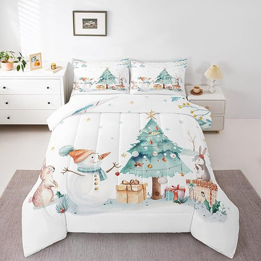 Cute Snowman Comforter Set Full Size,Cartoon Rabbit Christmas Tree Bedding Set 3Pcs for Kids Girls Boys Teens Room Decor,Merry Christmas Quilt Set Winter Snowflake Duvet Insert,2 Pillowcases