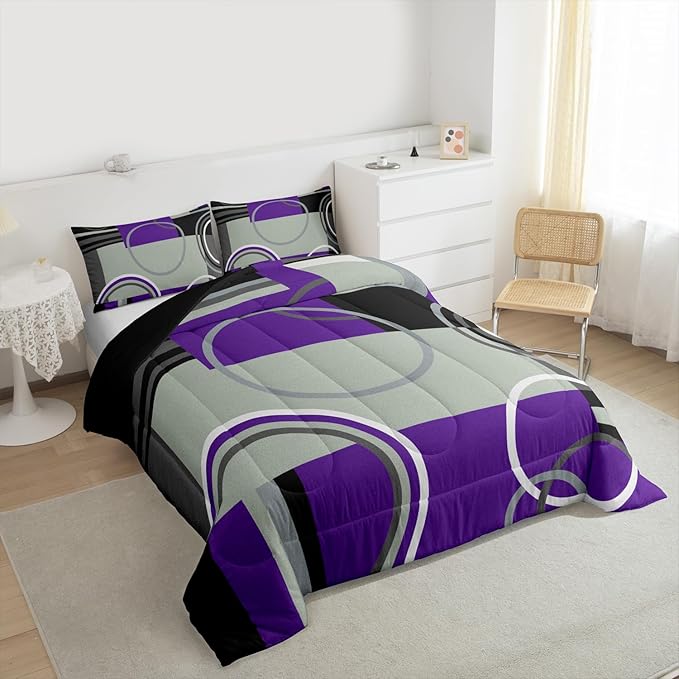 Abstract Swirls Comforter Set Full Modern Purple Black Grey Bedding Circles Stripes Quilt Set Geometric Square Duvet Insert Curved Lines Down Comforter Modern Texture Bedding Comforter Sets