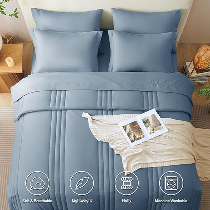 CozyLux King Comforter Set - 7 Pieces Bed in a Bag Grayish Blue Comforter Set with Sheets Luxury Bed Set All Seasons, Soft Bedding Set with Down Alternative Comforter, Sheets, Pillowcases & Shams