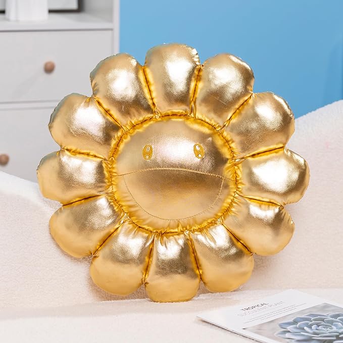 FIONOUT Gold Flower Pillow,16.53" Sunflower Pillows for Bedroom Soft Smiley Face Pillow Flower Floor Cushion,Cute Small Decorative Pillow Preppy Room Decor