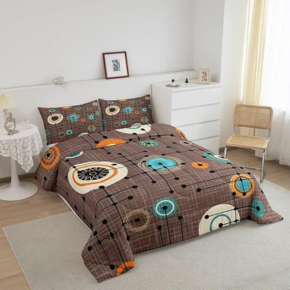 Erosebridal Geometric Grid Bedding King Brown Minimalism Comforter Set, Mid Century Duvet Insert Retro Atomic Down Comforter, Rainbow Circles Black Lines Bedding Comforter Sets Abstract Room Decor