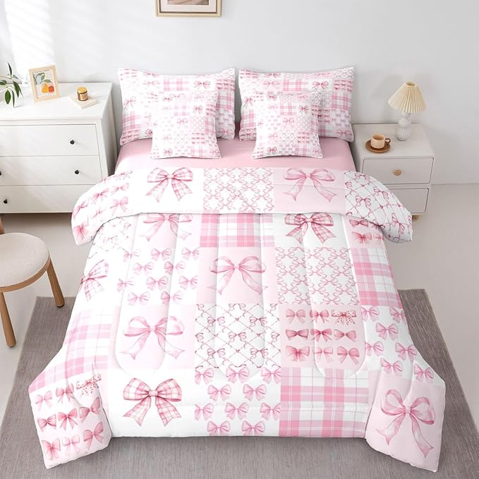 Feelyou Pink Bow Comforter Set with Sheets 7 Piece King Size Cute Bowknot Bedding Set for Kids Boys Girls Bow Plaid Grid Bed in a Bag Princess Decor Room Decor Soft Lightweight Microfiber