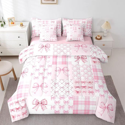 Feelyou Pink Bow Comforter Set with Sheets 7 Piece King Size Cute Bowknot Bedding Set for Kids Boys Girls Bow Plaid Grid Bed in a Bag Princess Decor Room Decor Soft Lightweight Microfiber