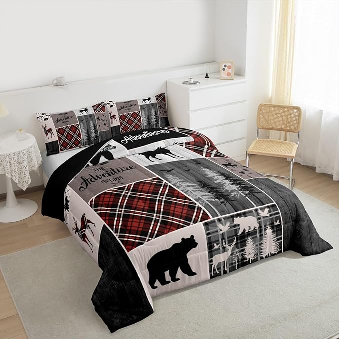 Retro Cabin Rustic Comforter Set For Room Decor, Country Farmhouse Lodge Quilt Bear Moose Deer Bedding Set Hunting Wild Animal Plaid Patchwork Duvet Insert Rustic Decorations For Home, King Size